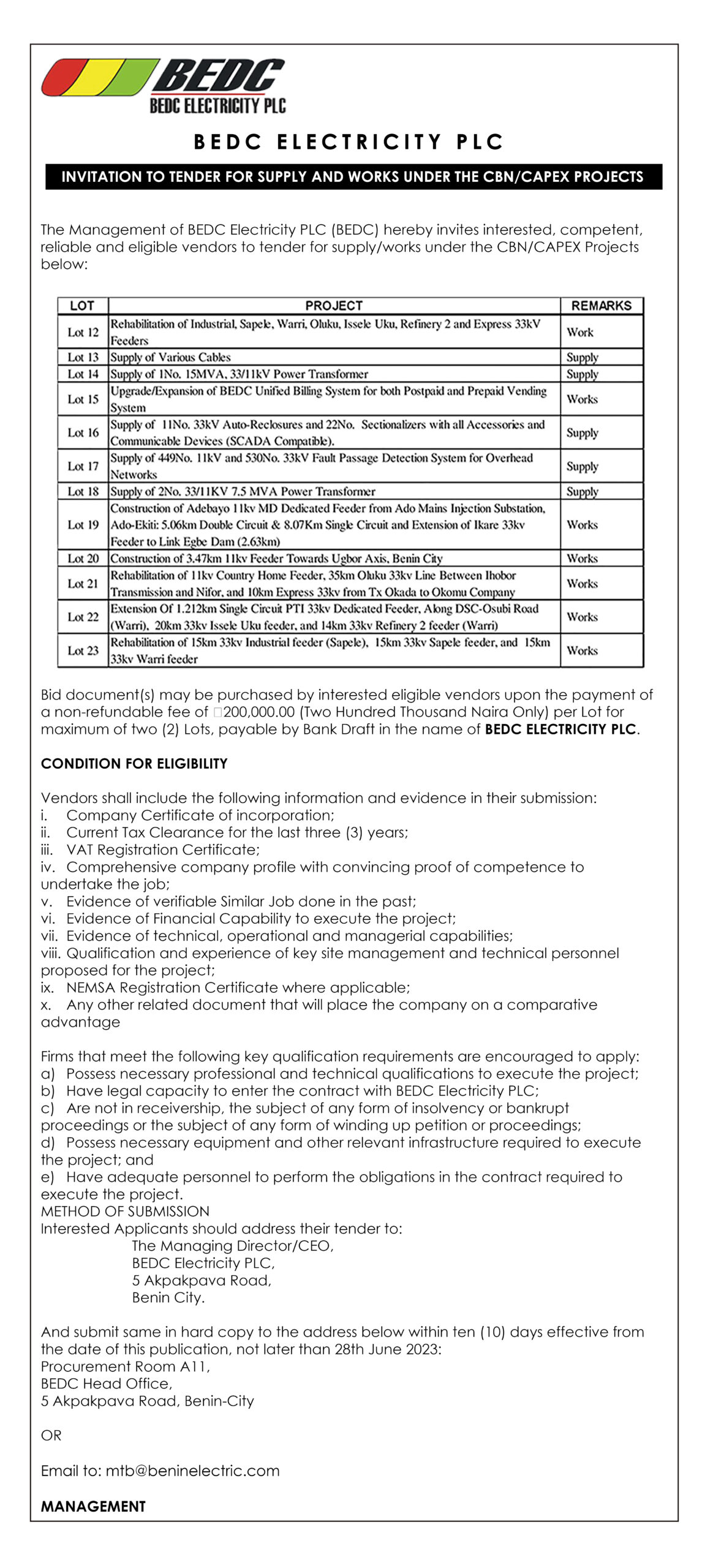 BEDC ELECTRCITY PLC INVITATION TO TENDER FOR SUPPLY AND WORKS UNDER
