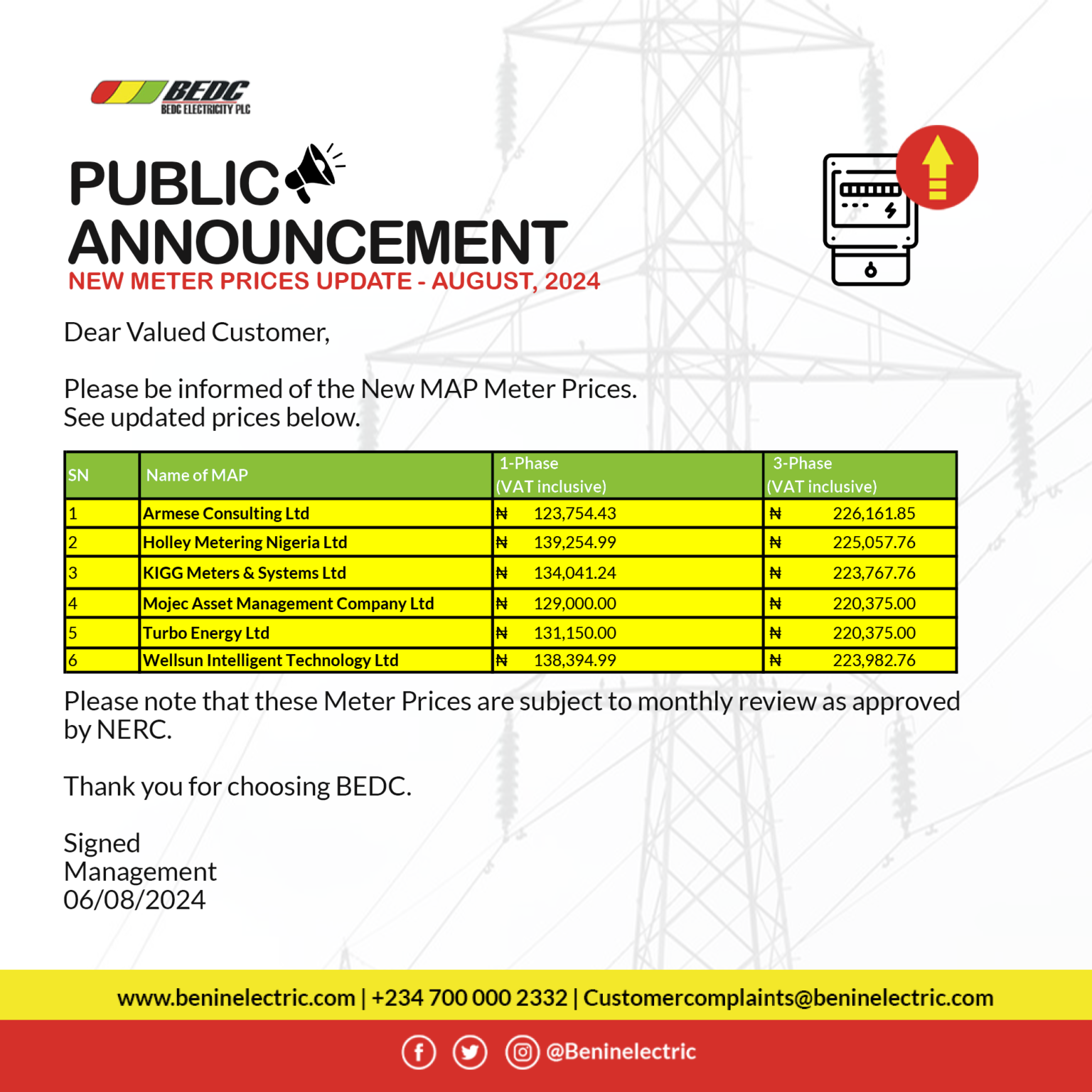 MAP Meter Prices for August 2024 – BEDC Electricity Plc.